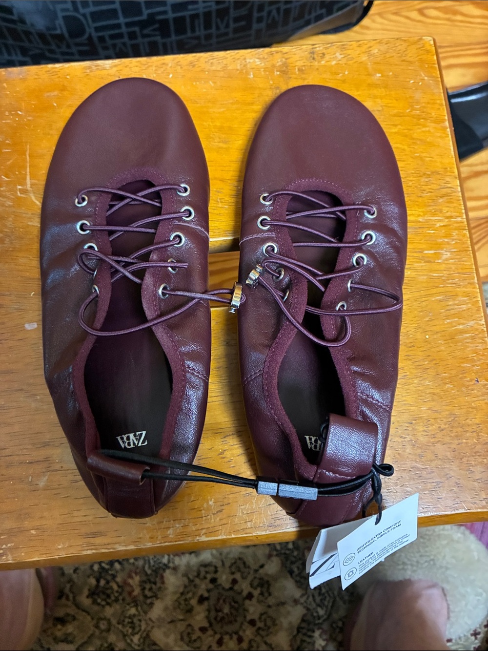 Zara Burgundy Leather Lace-Up Flats